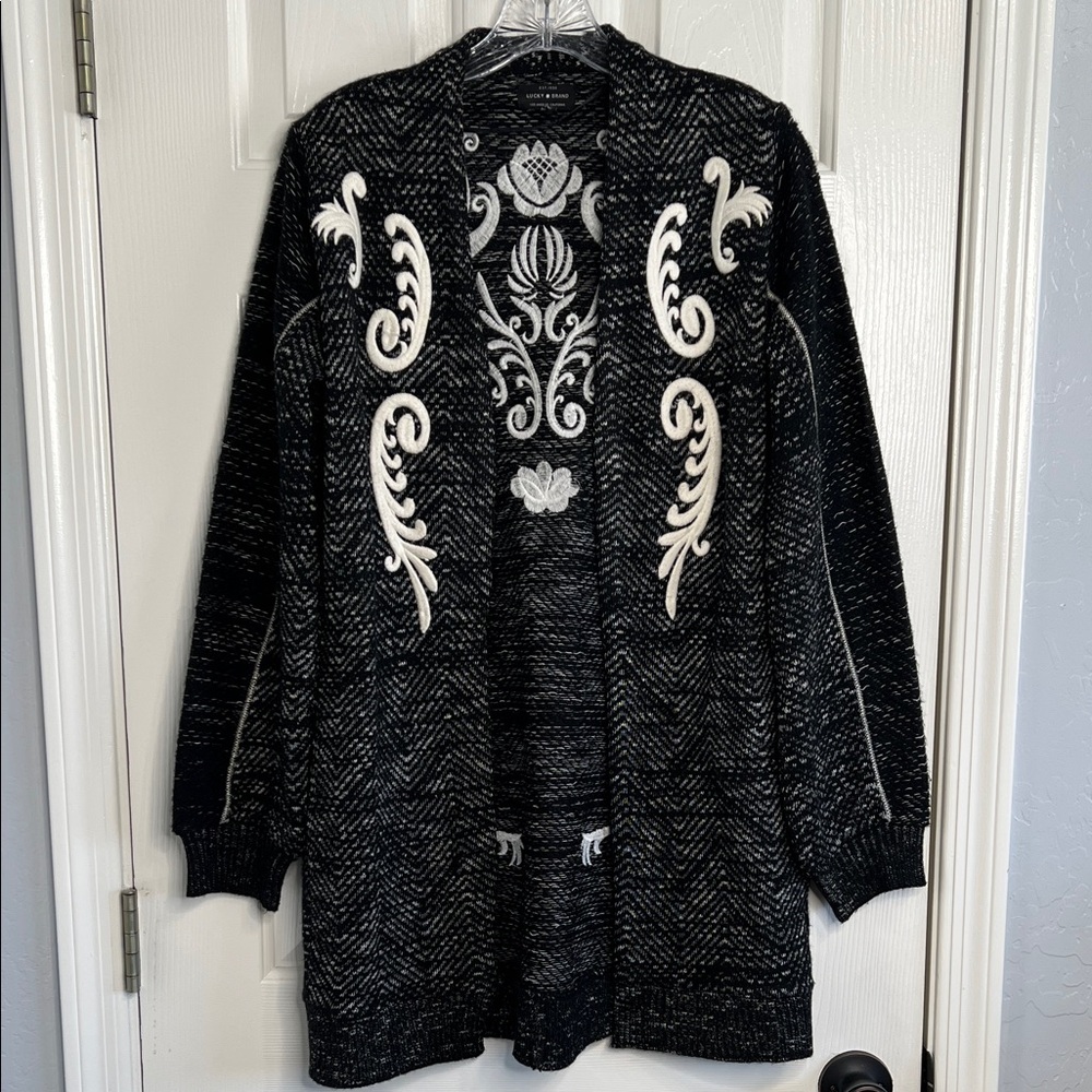 Lucky Brand Embroidered Twill Jacket black gray & white vibe motif small - Picture 2 of 9